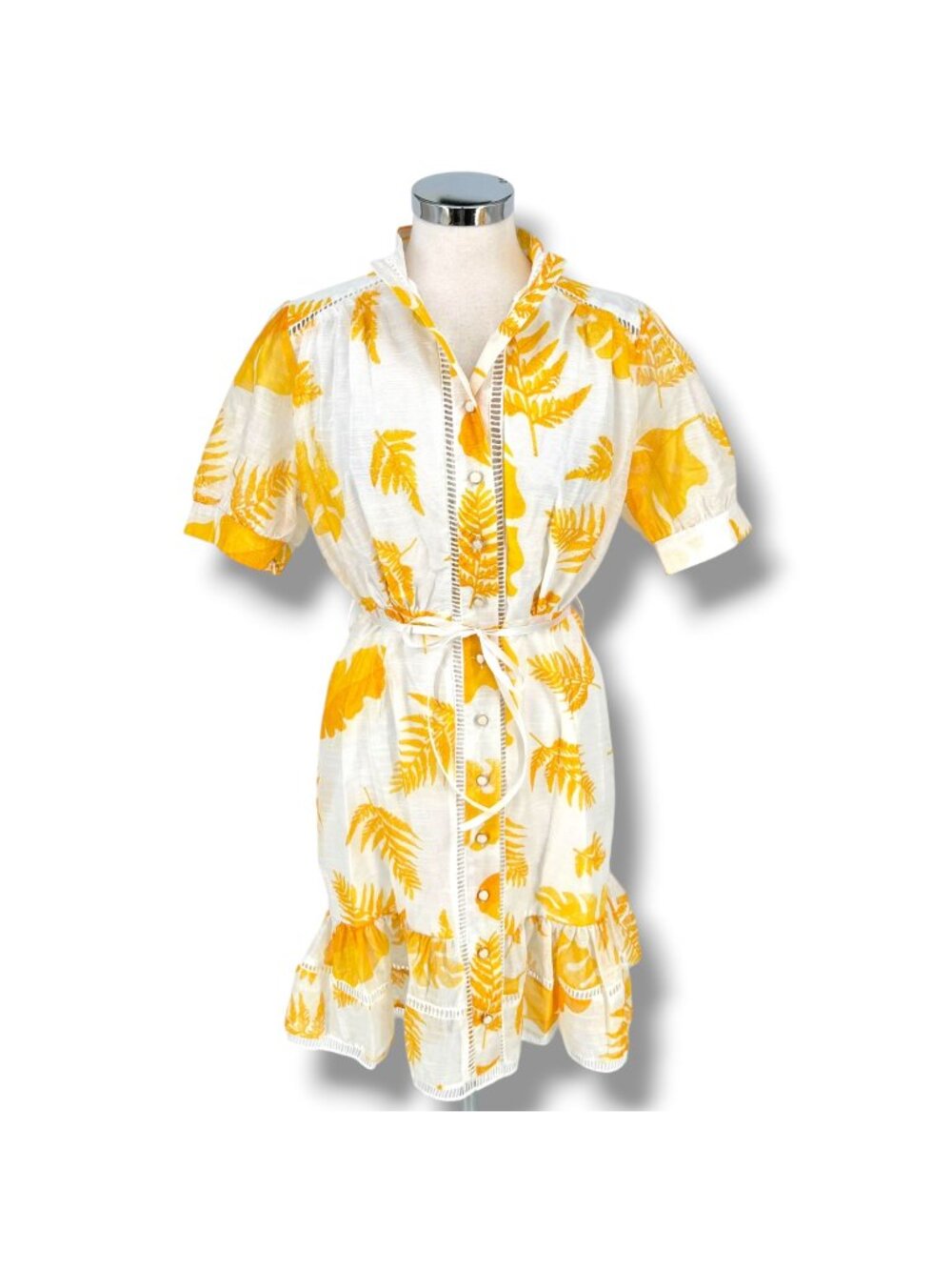 L'Atiste Leaf Print Ruffle Short Sleeve Tie Waist Dress Yellow Size Large NWT